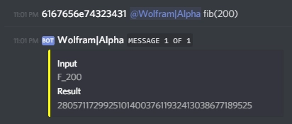 Wolfram|Alpha Bot responding the the query 'fib(200)'.